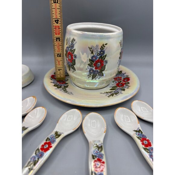 Vtg Honey Jar w 6 Spoons Lustreware Iridescent Floral Ceramic - Picture 10 of 10